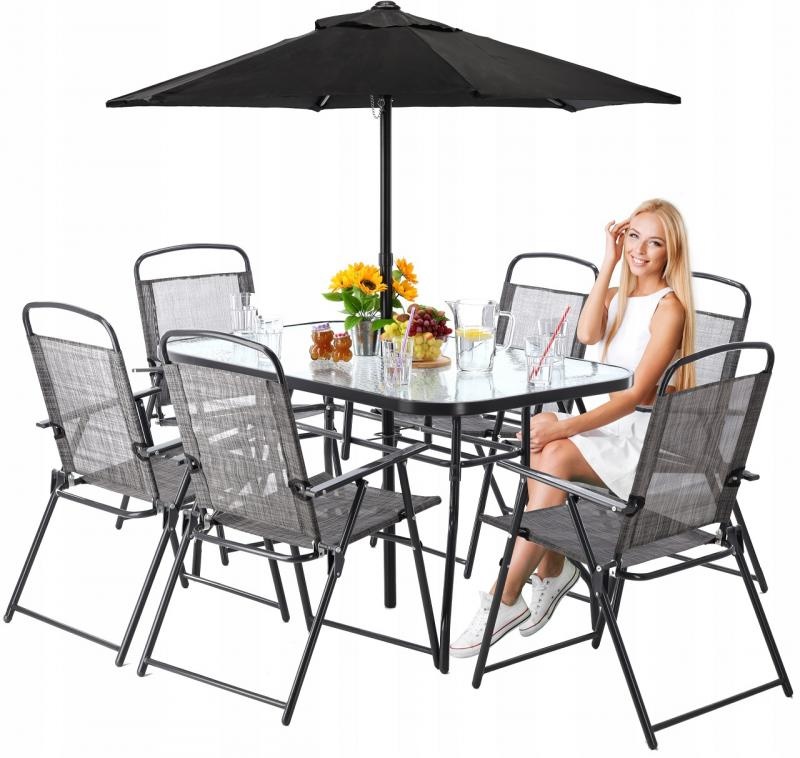 Gardenline - tuinset - met parasol - opklapbare stoelen - grijs