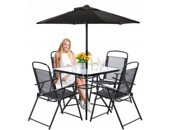 Gardenline - tuinset - met parasol - opklapbare stoelen - zwart