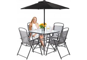 Gardenline - tuinset - met parasol - opklapbare stoelen - grijs