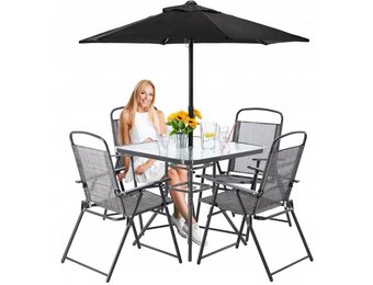Gardenline - tuinset - met parasol - opklapbare stoelen - grijs