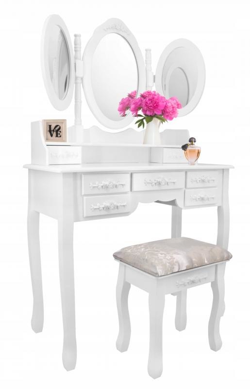 Kaptafel - met spiegel en kruk - 7 lades - 90x146x40 cm - wit