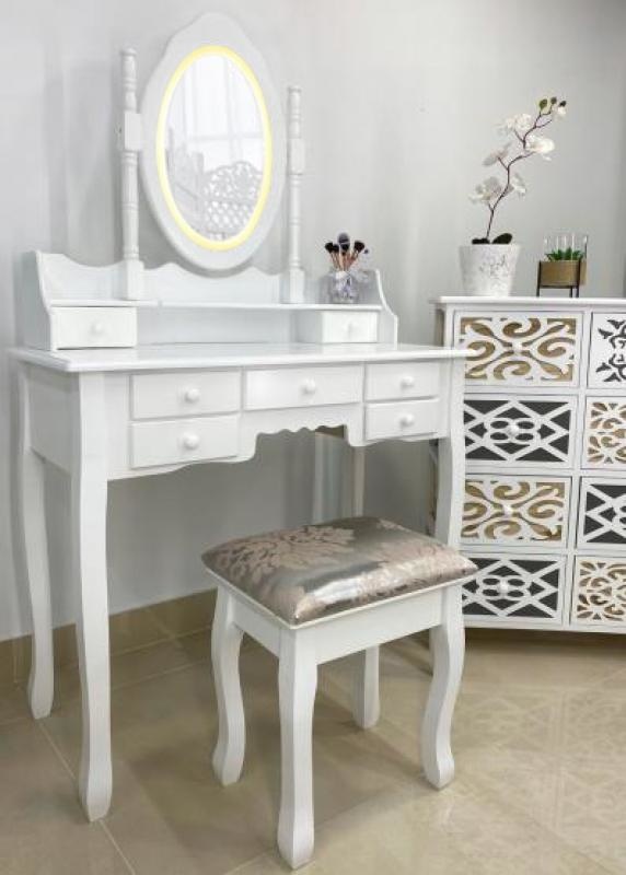 Kaptafel - met spiegel en kruk - LED-verlichting - 90x146x40 cm