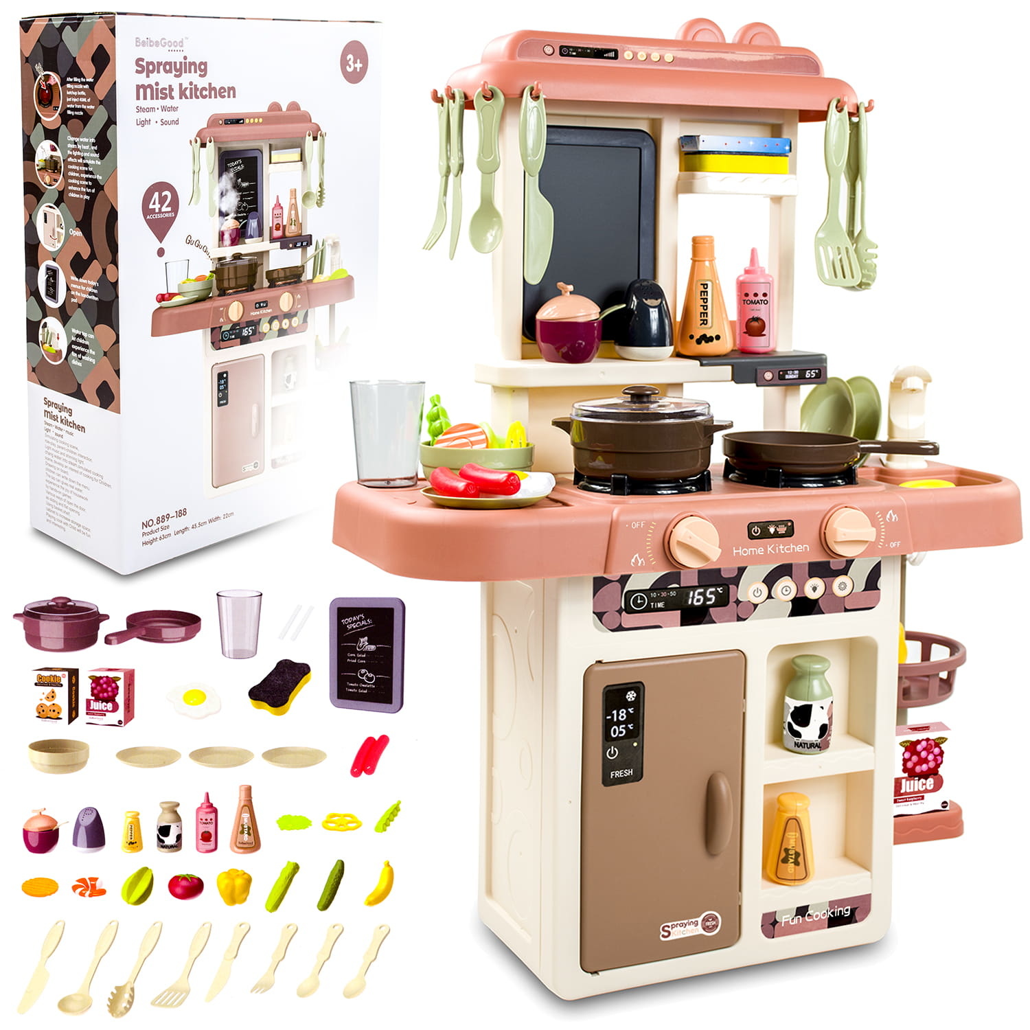Kinderkeuken XL - 63x45.5x22 cm - Inclusief 42 accessoires - Roze