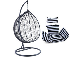 Hangstoel - ei stoel - zwart - 95x110x65 cm - gestreept kussen