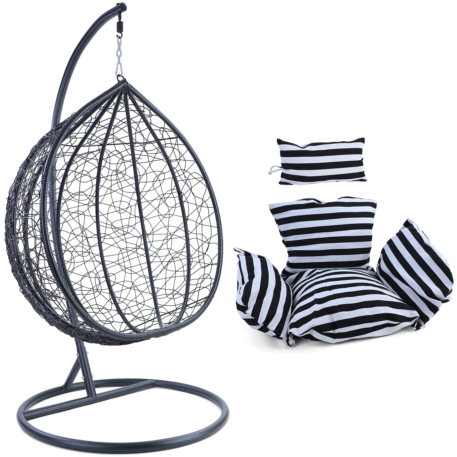 Hangstoel - ei stoel - zwart -  95x110x65 cm - gestreept kussen