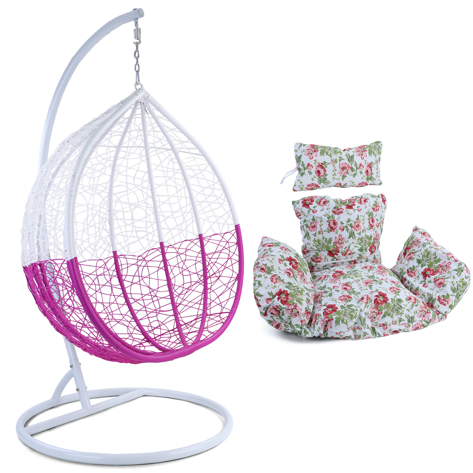 Hangstoel - roze wit - 95x110x65 cm - met bloemen kussen