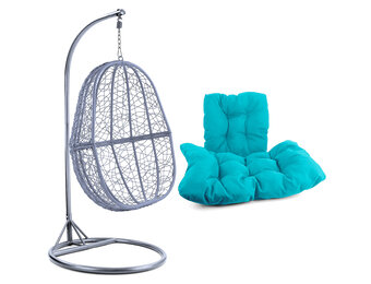 Hangstoel - zilver lichtgrijs - 90x117x60 cm - turquoise kussen