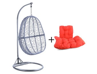 Hangstoel - zilver lichtgrijs - 90x117x60 cm - oranje kussen