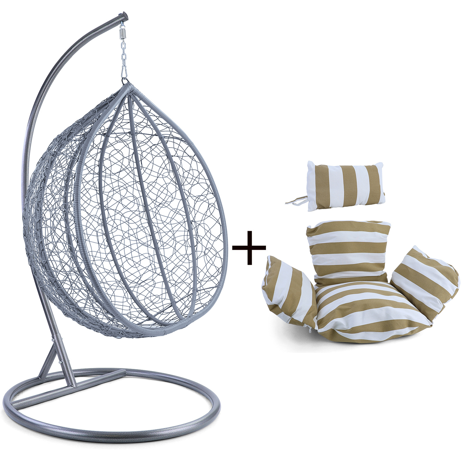 Hangstoel - lichtgrijs zilver - 110x95x65 cm - gestreept kussen