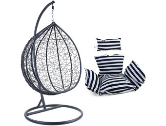 Hangstoel - zwart - 120x106x70 cm - met gestreepte kussen