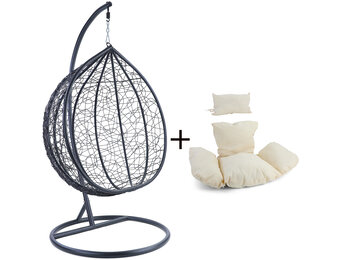 Hangstoel - ei stoel - 95x110x65 cm - met kussen - zwart beige