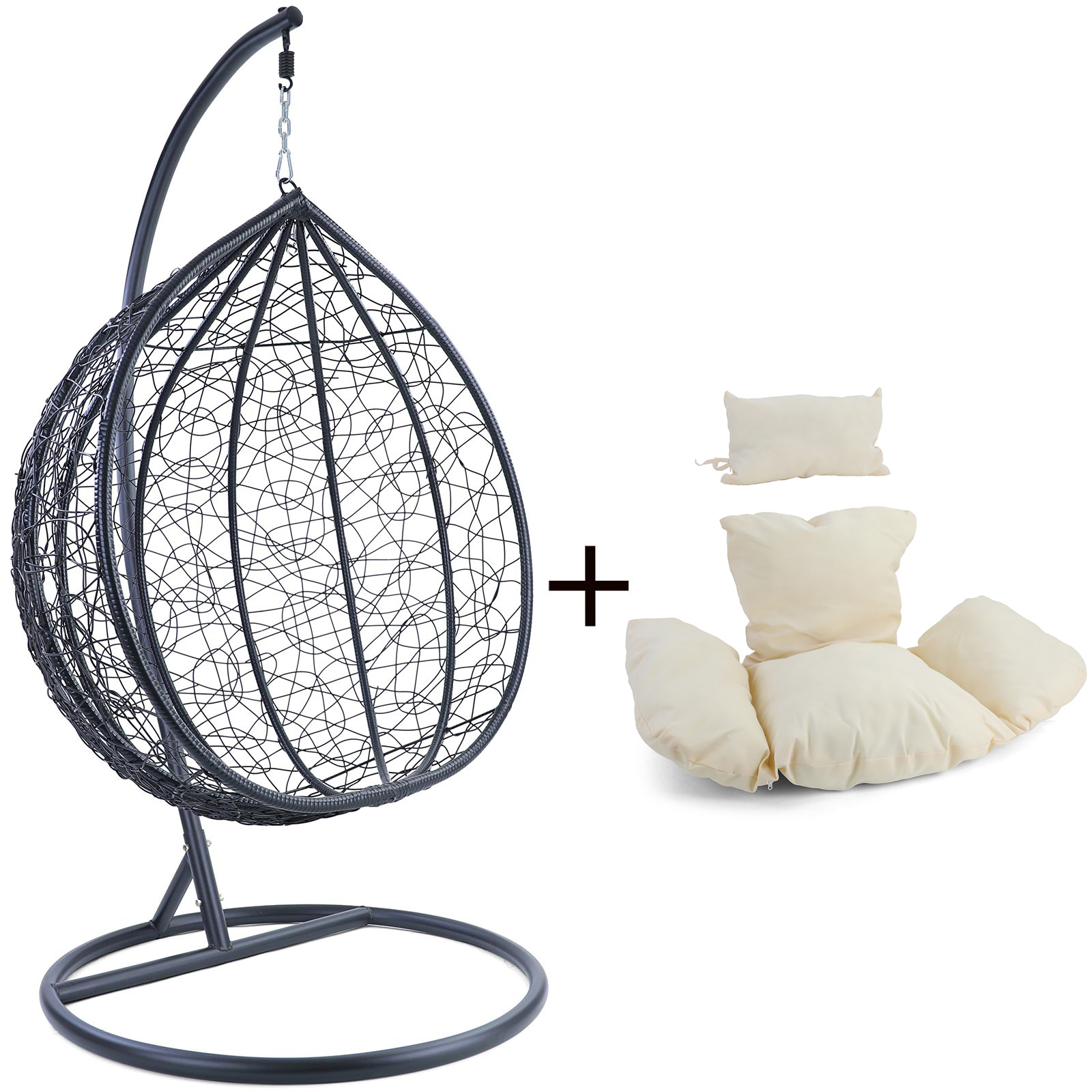 Hangstoel - ei stoel - 95x110x65 cm - met kussen - zwart beige