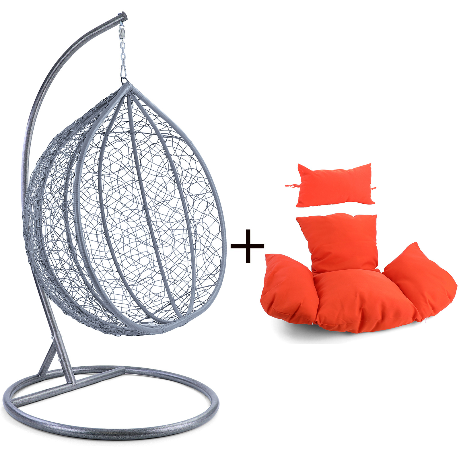 Hangstoel - lichtgrijs zilver - 95x110x65 cm - oranje kussen