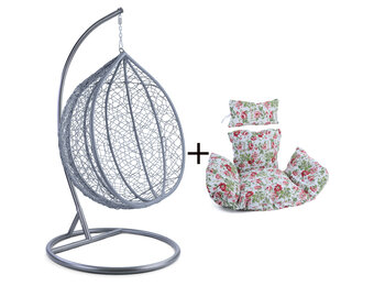 Hangstoel - lichtgrijs zilver - 95x110x65 cm - bloemen kussen