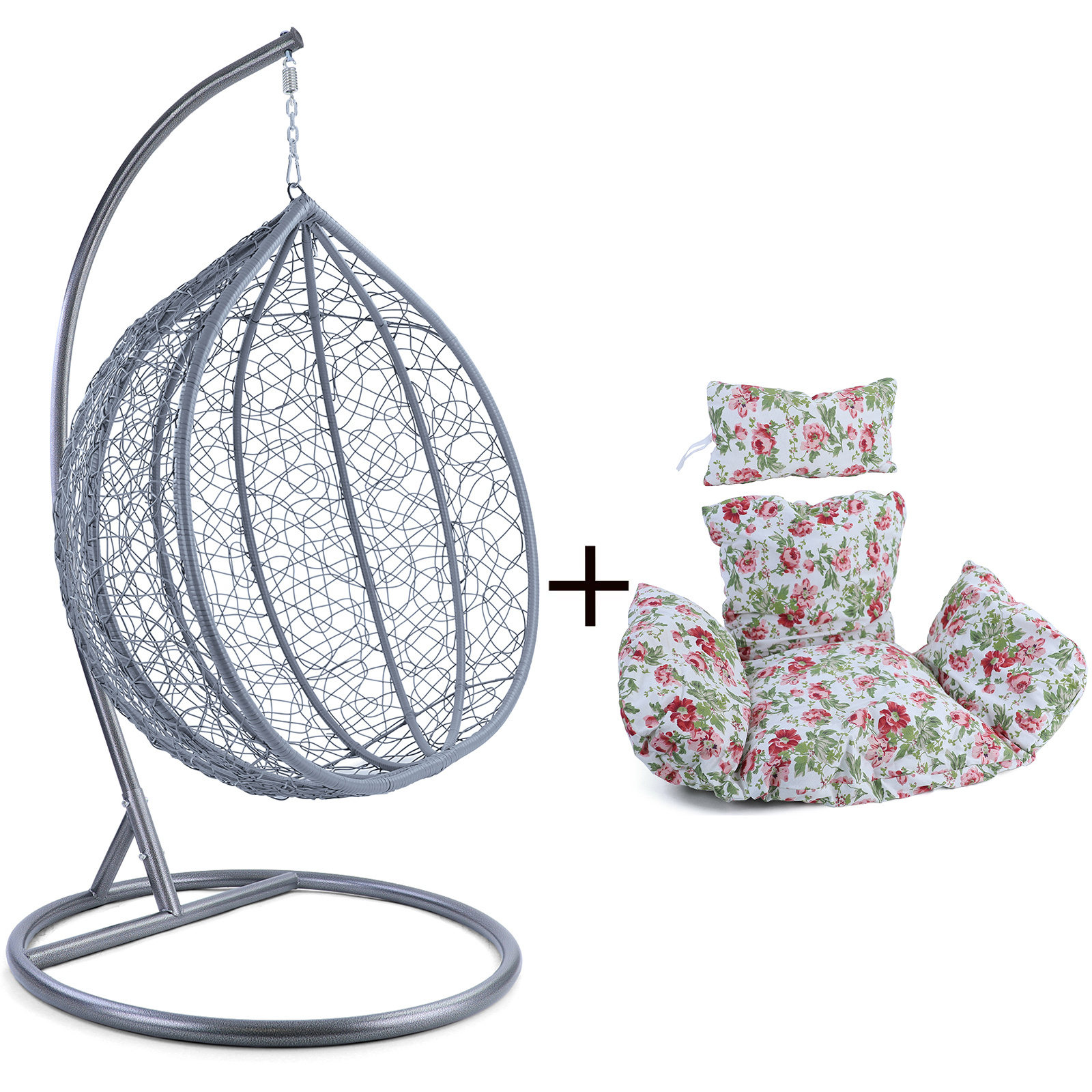 Hangstoel - lichtgrijs zilver - 95x110x65 cm - bloemen kussen