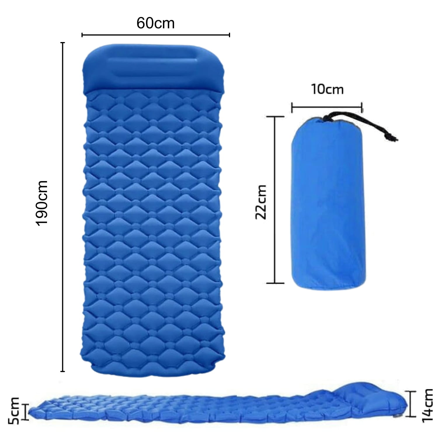 Slaapmat - thermomat - 190x60x5cm - ingebouwde pomp - blauw