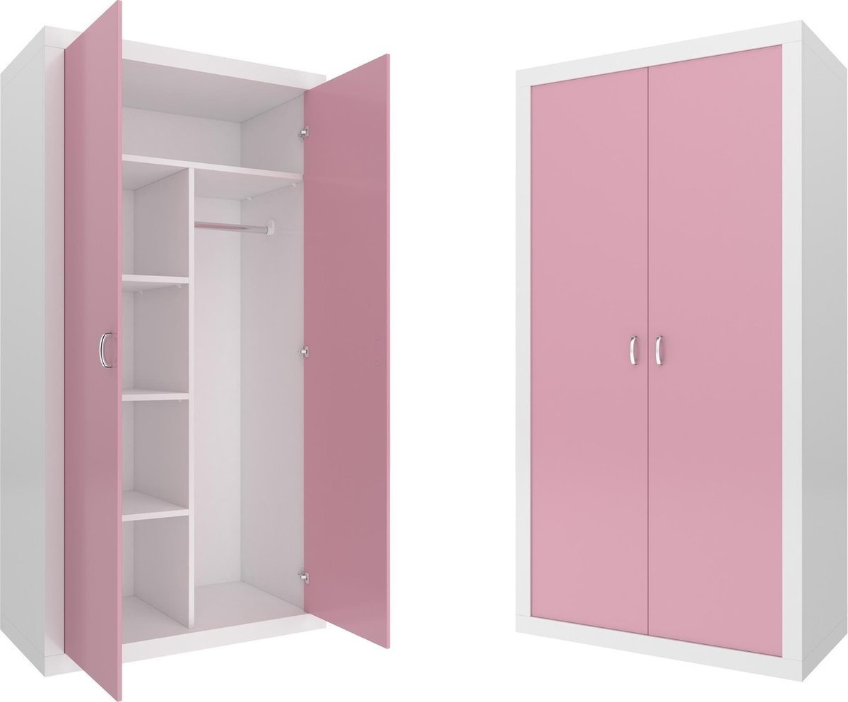 Kinder kledingkast - 90x190x50 cm - wit/roze - 2 deuren