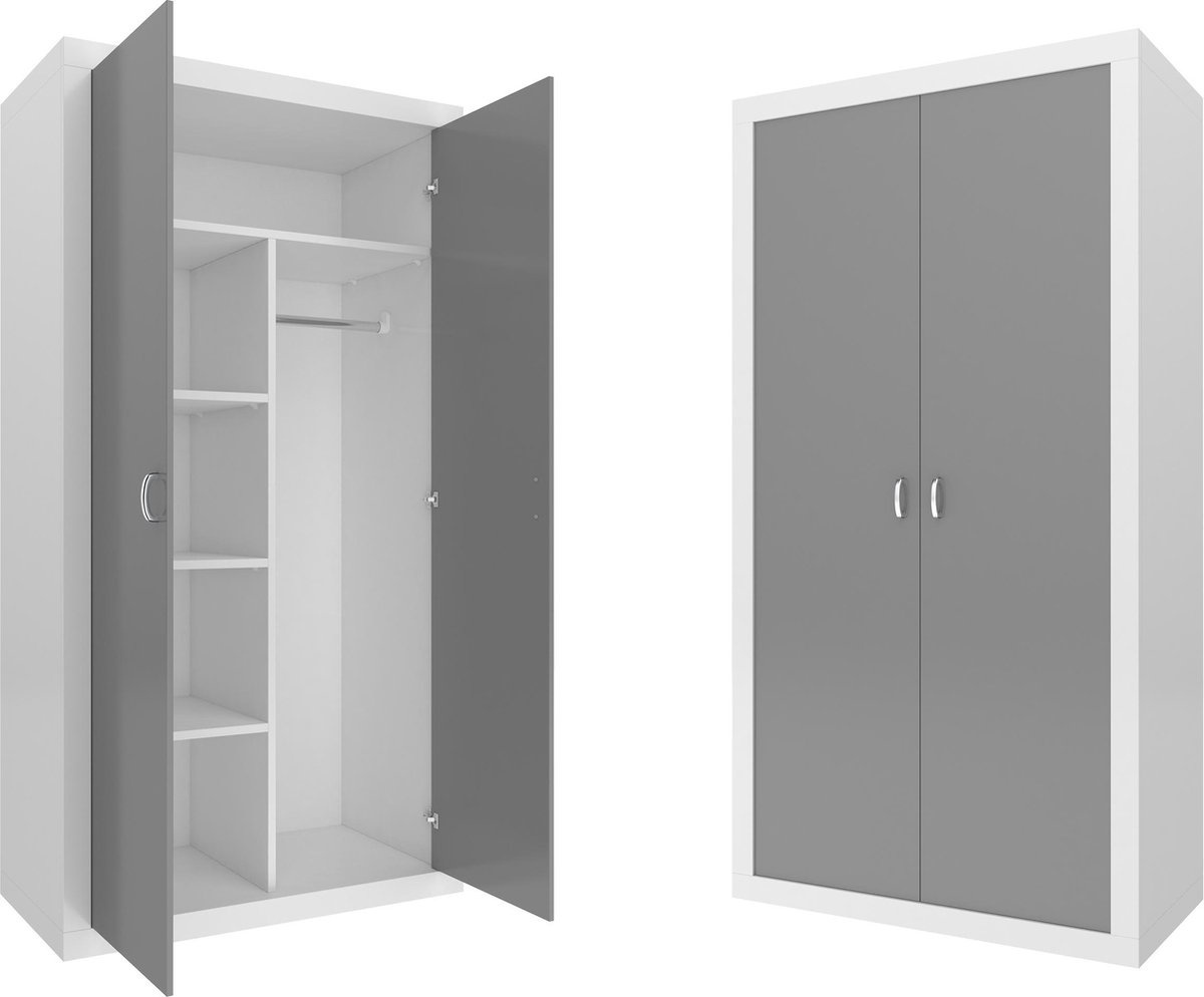 Kledingkast - 90x190x50 cm - wit/grijs - 5 schappen - 2 deuren