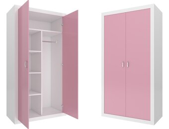 Kledingkast - 90x190x50 cm - wit/roze - 5 schappen - 2 deuren