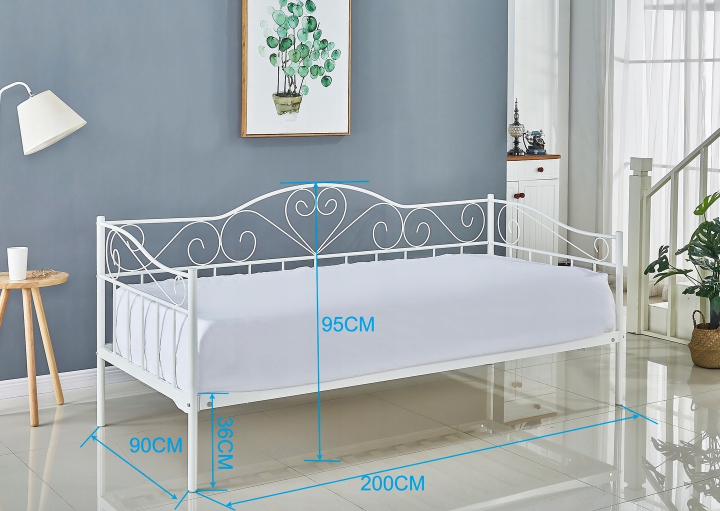 Bedframe 90x200 cm - metaal - wit - met lattenbodem - hartjes