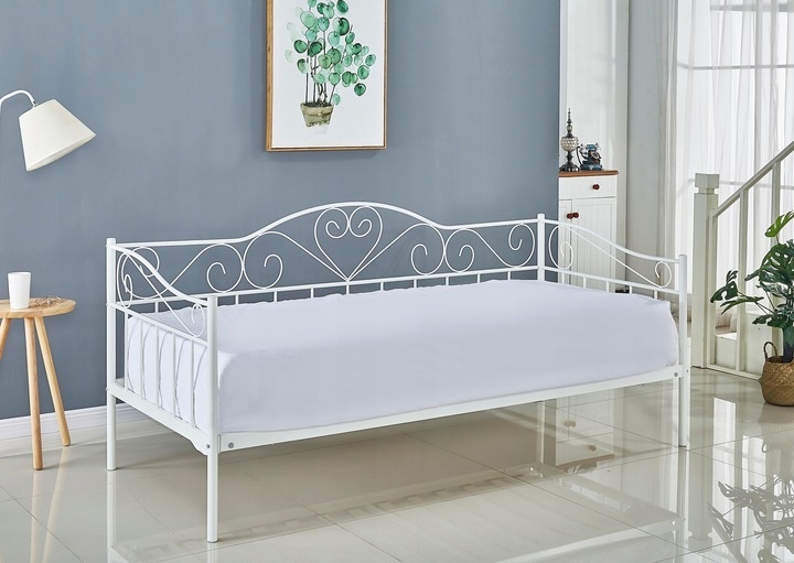Bedframe 90x200 cm - metaal - wit - met lattenbodem - hartjes