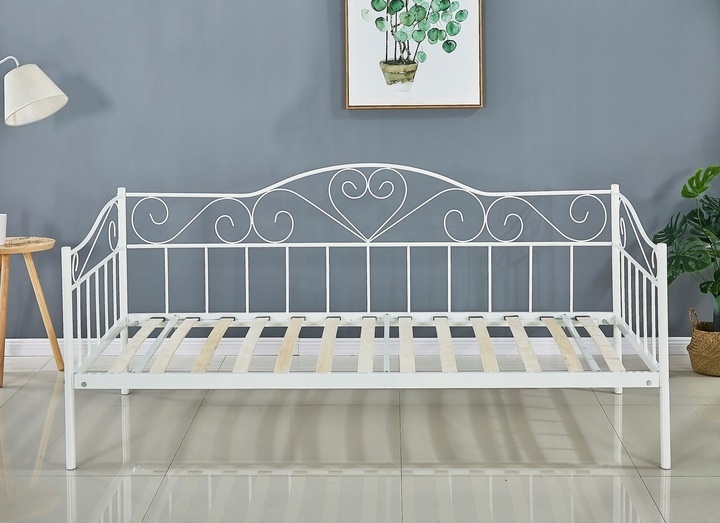 Bedframe 90x200 cm - metaal - wit - met lattenbodem - hartjes