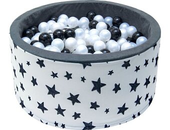 Ballenbak - stevige ballenbad - sterrenpatroon -90 x 40 cm - 200 ballen Ø 7 cm - parel kleur en zwart