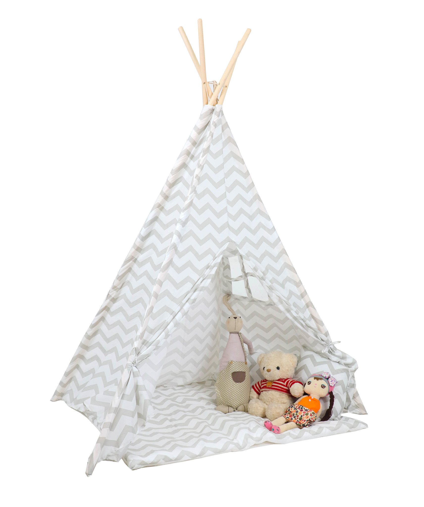 Tipi tent - speeltent met vloermat en kussens – grijs - zigzag