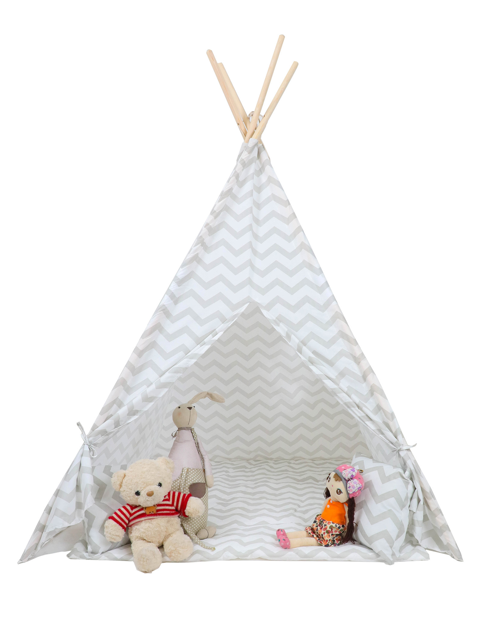 Tipi tent - speeltent met vloermat en kussens – grijs - zigzag