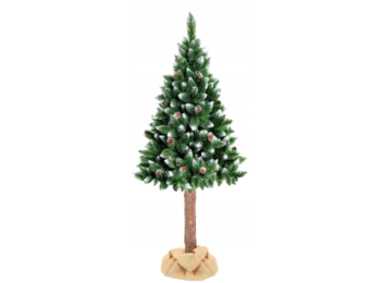 Kunstkerstboom 160 cm - met sneeuw en dennenappels en houten stam