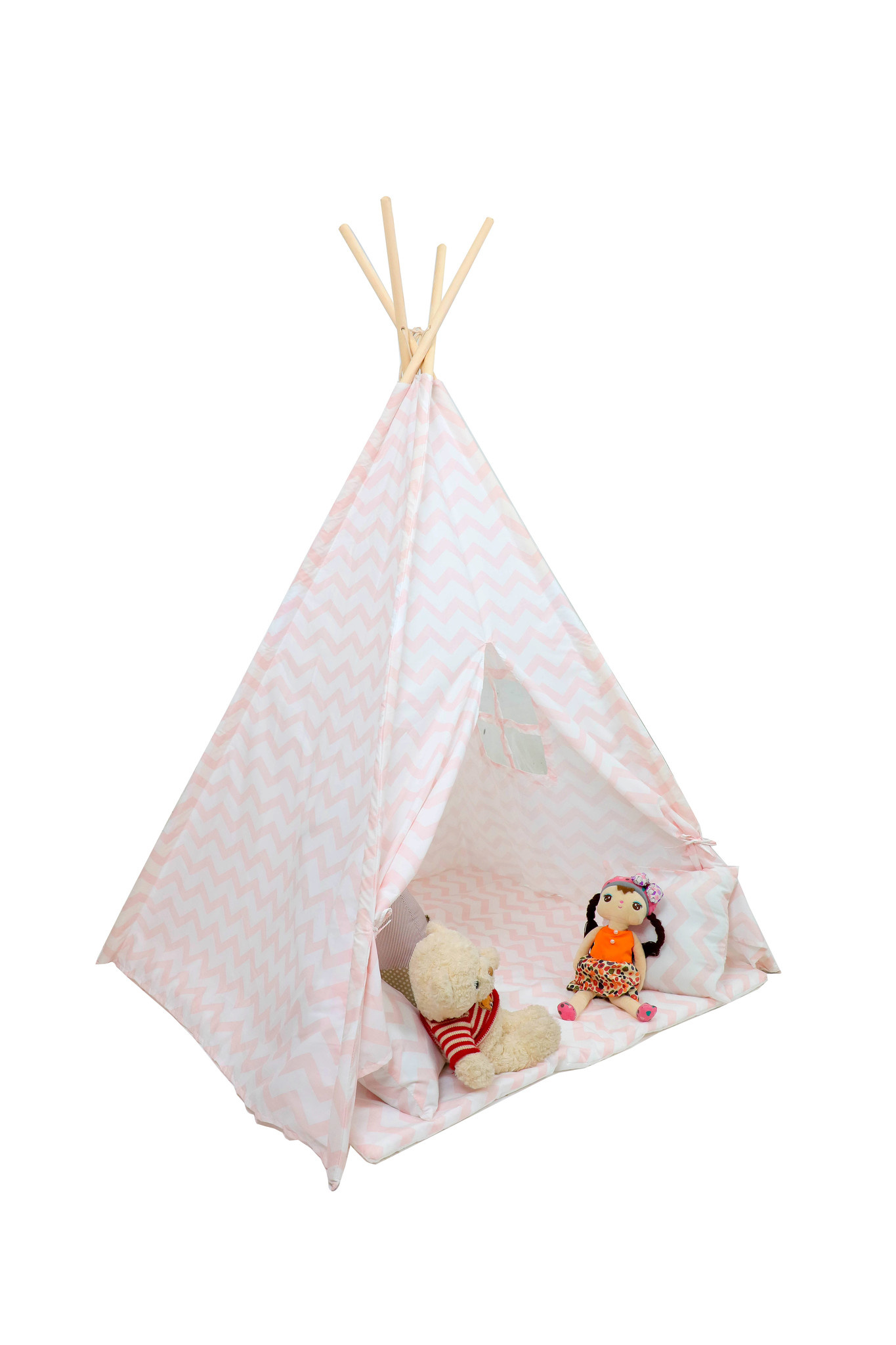 Tipi tent - speeltent met vloermat en kussens – roze - zigzag