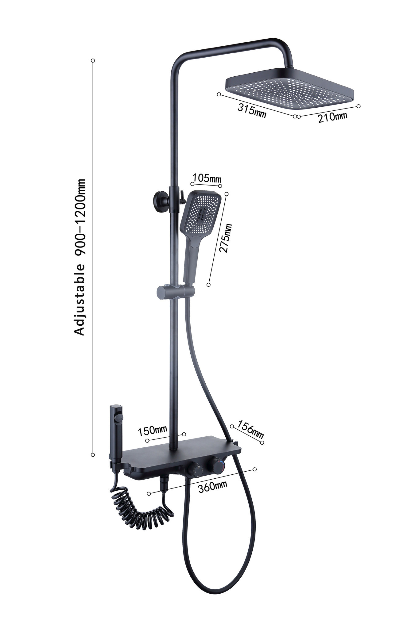 Regendoucheset - 30 cm - zwart - thermostaatkraan, handdouche & sproeier