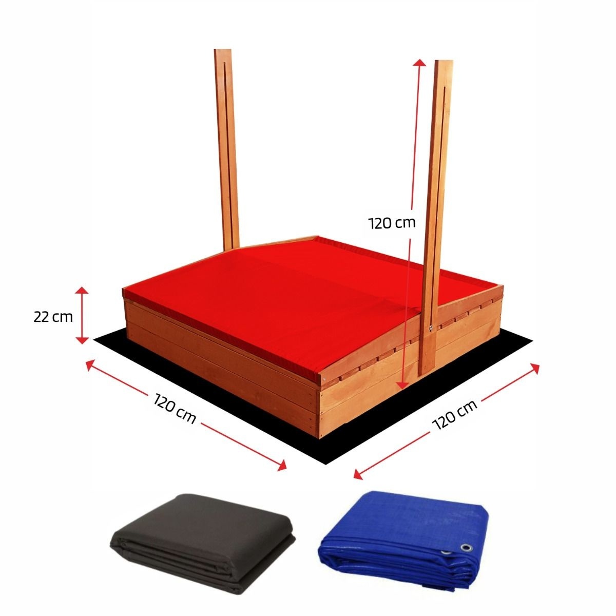 Zandbak - hout - met dak en bankjes - 120x120 cm - rood