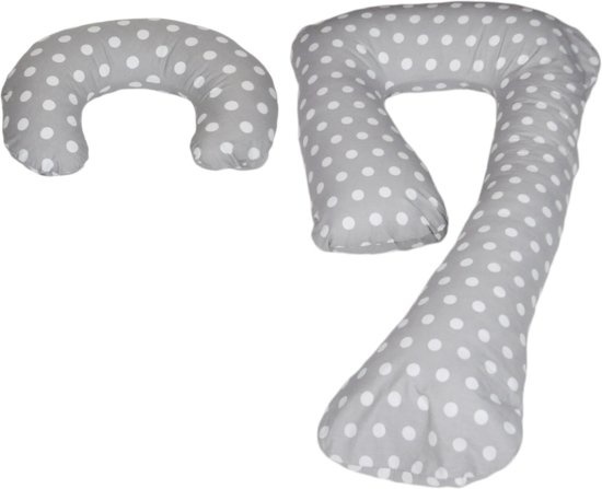 Voedingskussen - Zwangerschapskussen - set - 100% katoen - 235 cm - grijs met witte stipjespatroon