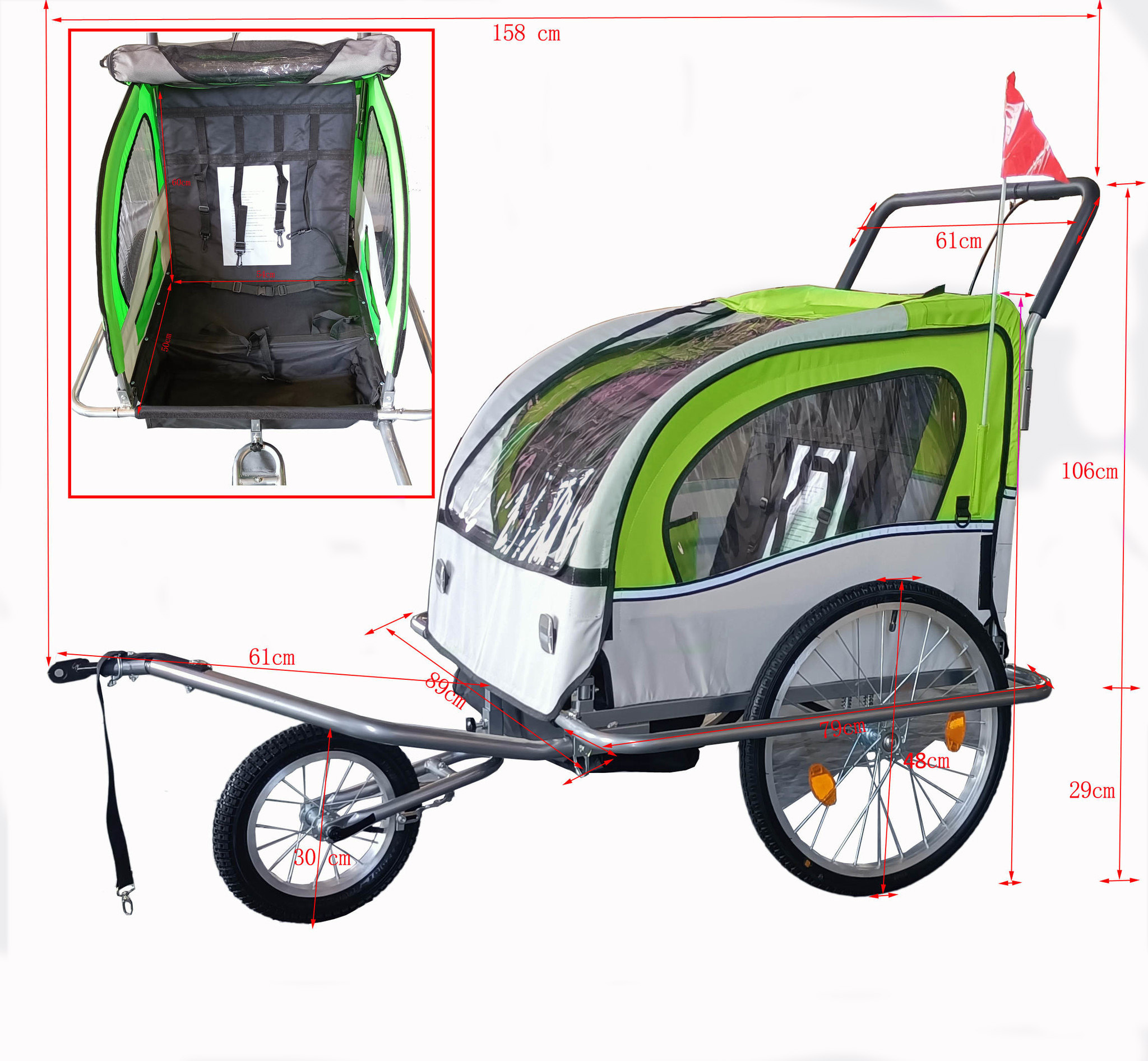 Fietskar kind - fietsaanhanger - met schokbreker - lime groen