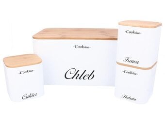 Broodtrommel set - met 3 voorraaddozen - staal, bamboe - wit