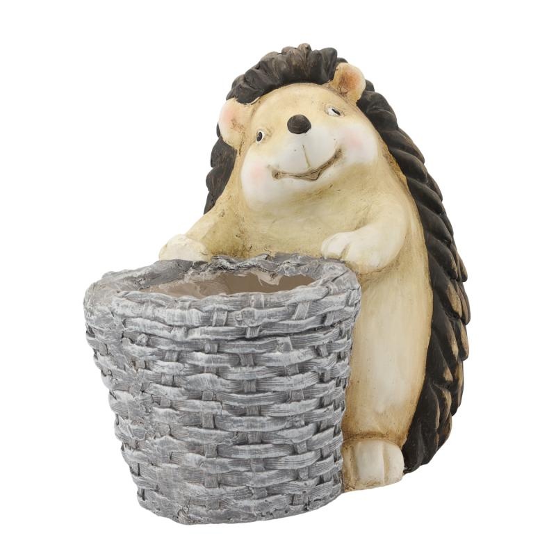 Tuinbeeld - egel met mand - 37,5x25x35,5cm - grijs, bruin