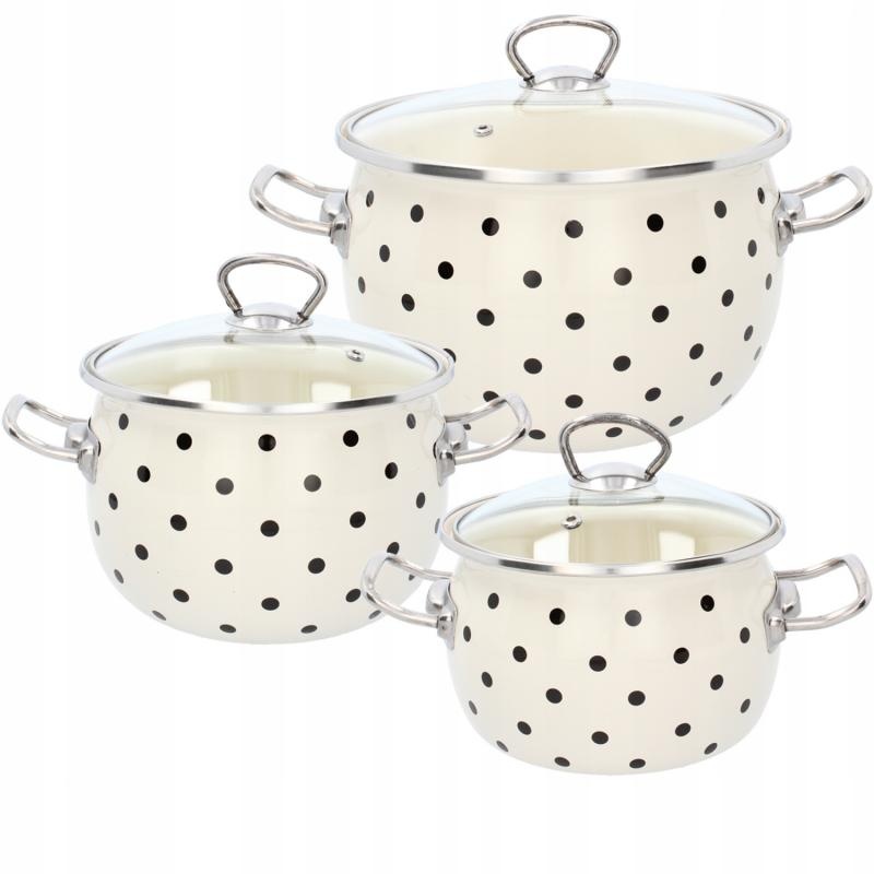 Pannenset - met deksels - 3-delig - wit, zwart gestipt