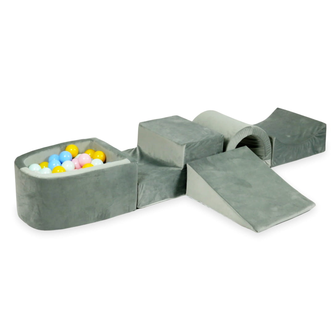 Foam speelset - grijs - ballenbak & 100 blauw gele ballen - brug