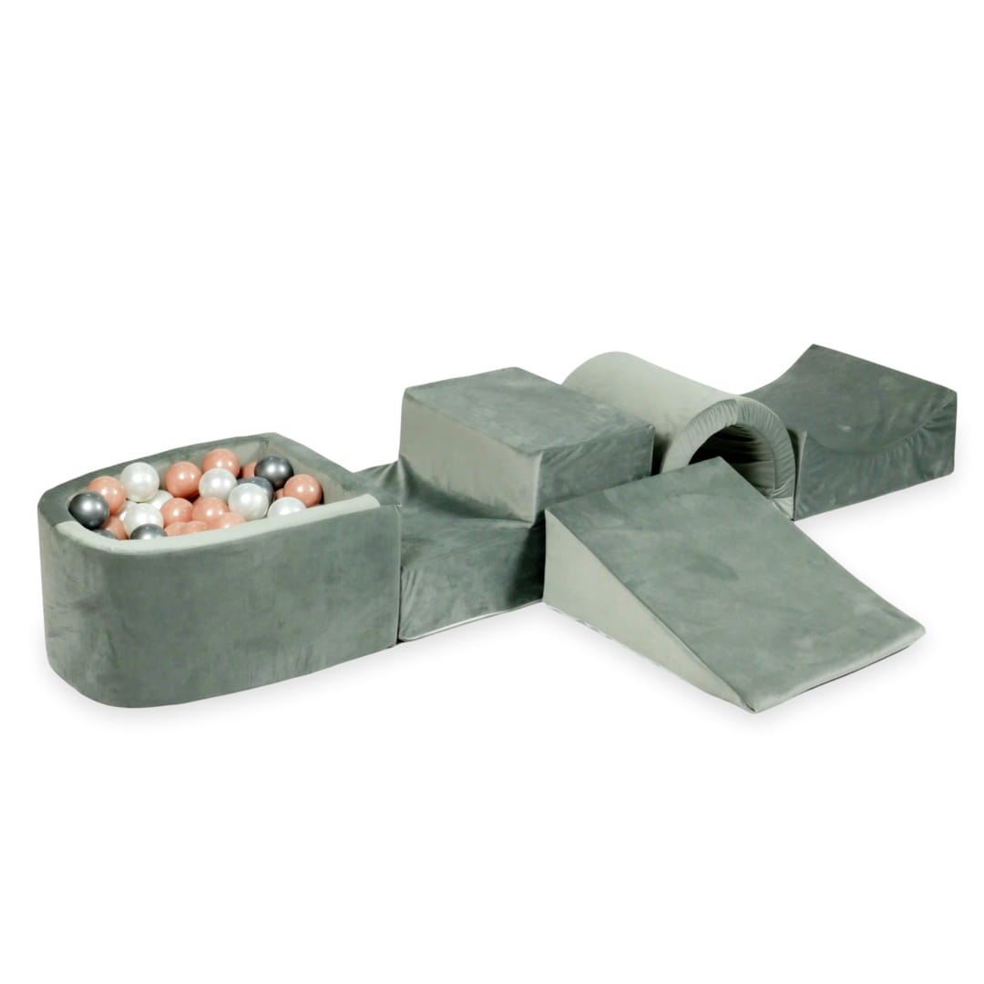 Foam speelset - grijs - ballenbak & 100 grijs roze ballen - brug