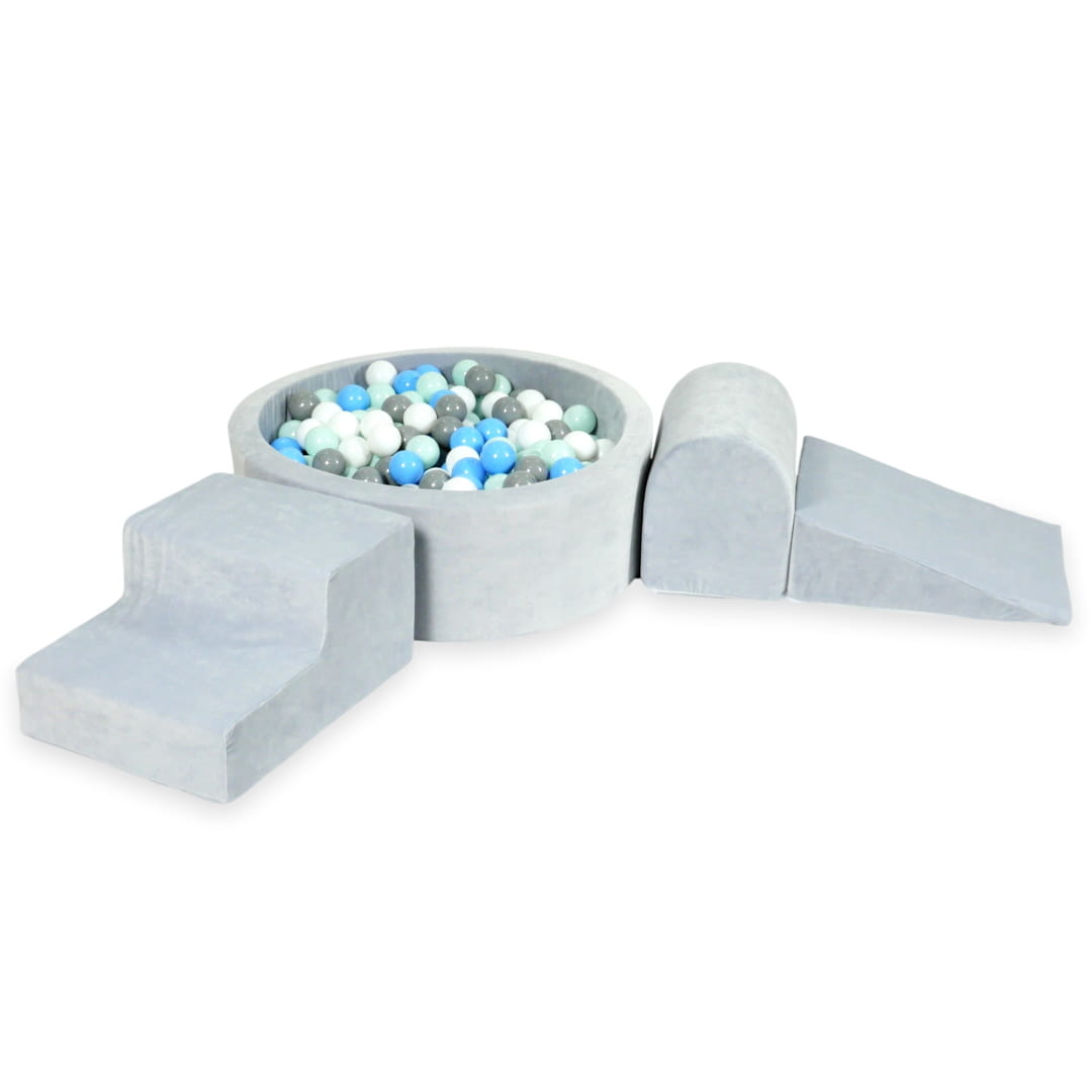 Foam speelset - ronde ballenbak en 200 blauw grijze ballen - 4-delig - grijs