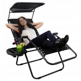 Ligstoel tuin - 178x68x110 cm - met tafeltje en luifel - zwart