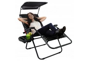 Ligstoel tuin - 178x68x110 cm - met tafeltje en luifel - zwart