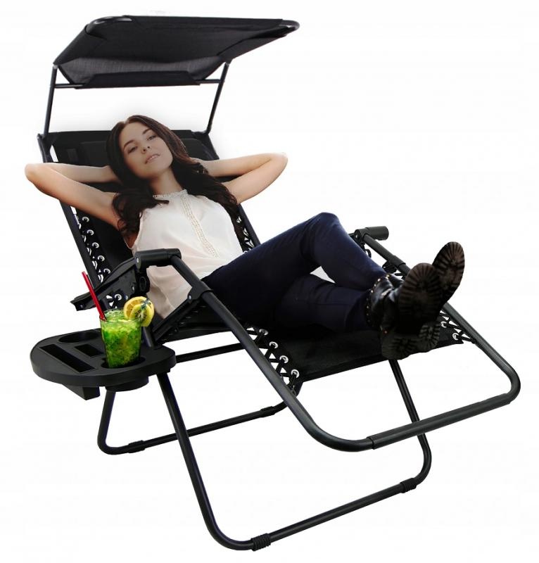 Ligstoel tuin - 178x68x110 cm - met tafeltje en luifel - zwart