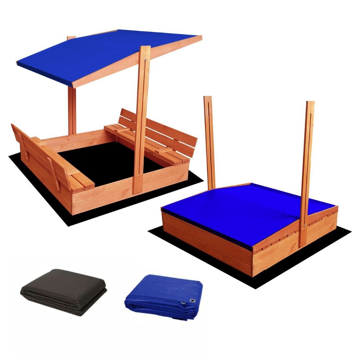 Zandbak - hout - met dak en bankjes - 120x120 cm - blauw