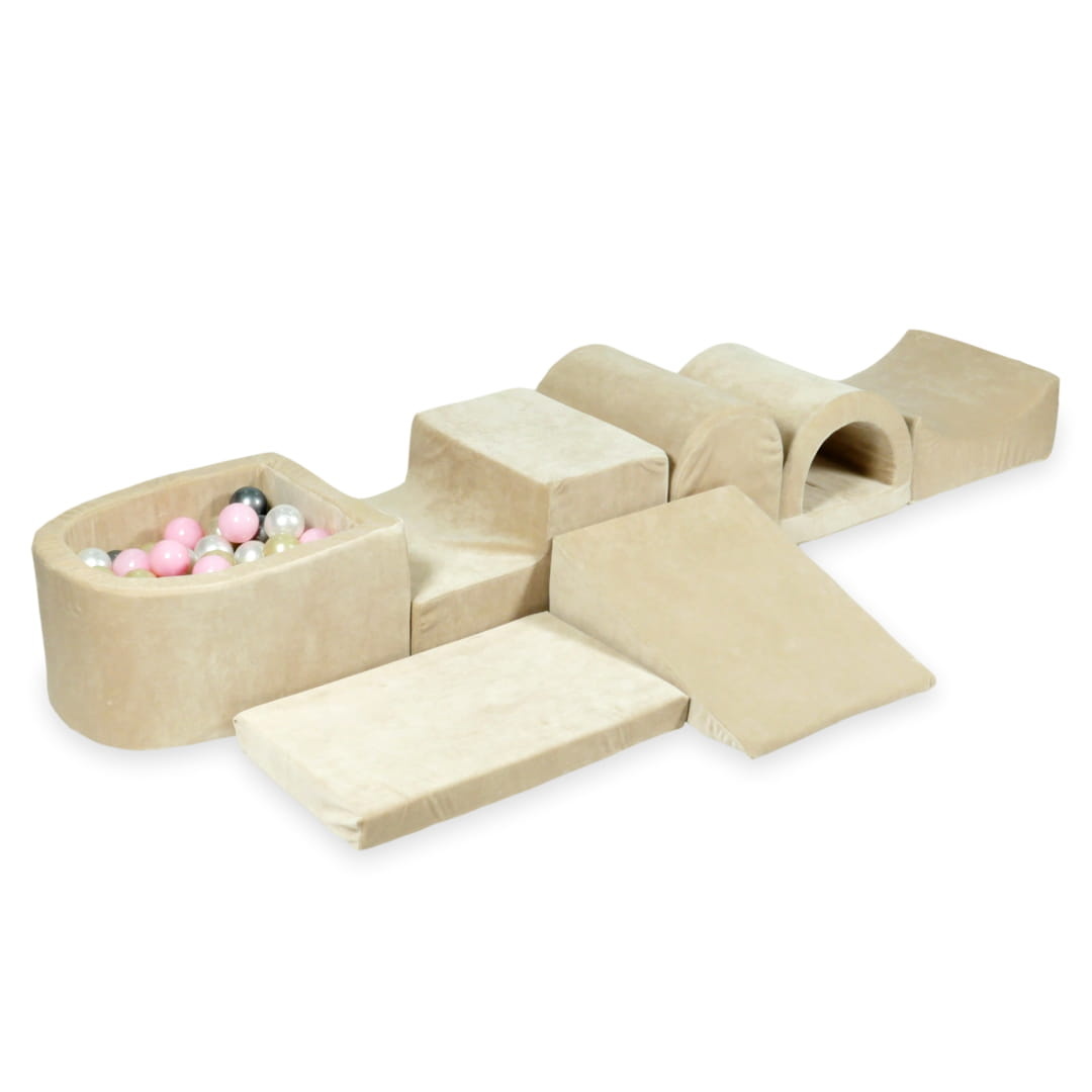 Foam speelset beige - ballenbak & 100 grijs roze ballen - 7-delig
