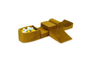 Foam speelset goud met heuvel, ballenbak & 100 geel blauwe ballen