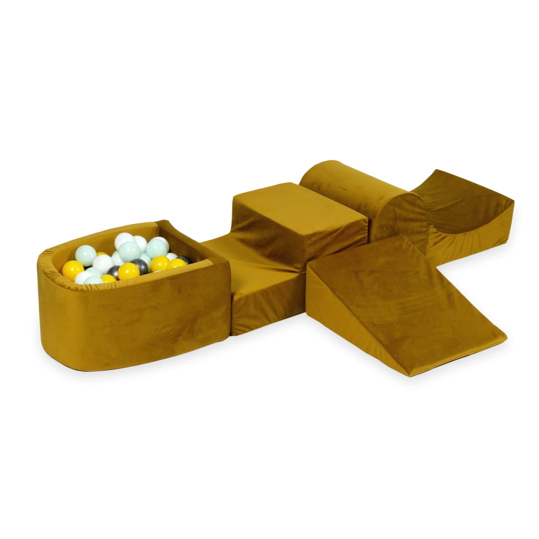 Foam speelset goud met heuvel, ballenbak & 100 geel blauwe ballen