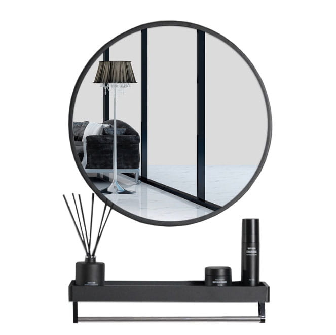 Spiegel rond - 70 cm - met plank - zwart