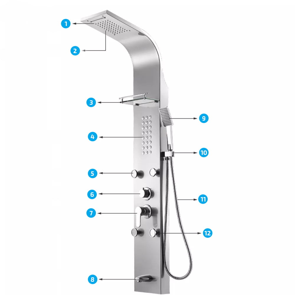 Douchepaneel - met planchet, regendouche & hydromassage - 150cm